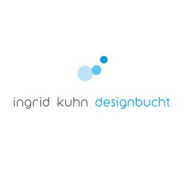 Logo mit Text "ingrid kuhn designbucht" und drei blauen Kreisen auf weißem Hintergrund.