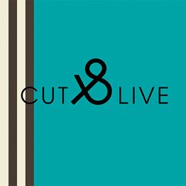 "Schriftzug 'Cut & Live' auf blauem Hintergrund mit drei vertikalen Streifen links."