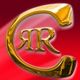 Goldenes Logo mit Buchstaben „RR“ in einem gebogenen C, roter Hintergrund.