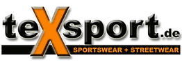 Logo mit Schriftzug "teXsport.de" und Slogan "SPORTSWEAR + STREETWEAR" in Schwarz und Orange.