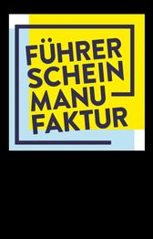 Text "Führerschein Manufaktur" in dunkelblau auf gelbem Hintergrund in einem blau-gelben Rahmen.