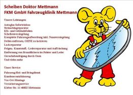 Gelbe Maus mit großer Autoscheibe, Text: Dienstleistungsangebot der Fahrzeugklinik Mettmann.
