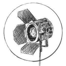 Skizze eines Filmbeleuchtungsgeräts in einem Kreis, schwarz-weiß illustriert.
