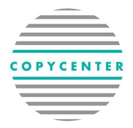 Logo mit Text "COPYCENTER" in einem grauen, gestreiften Kreis.