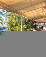 Terraza de restaurante con techado, vista al mar y palmeras. Mesas dispuestas para comensales.