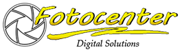 Logo Fotocenter: testo giallo e nero con un simbolo circolare a sinistra.