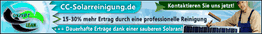 Werbebanner für professionelle Solarreinigung, verspricht 15-30% mehr Ertrag. Kontaktoption.