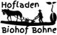 Schwarz-weiße Grafik: Bauer pflügt mit Pferd, Text "Hofladen Biohof Bohne", Bohne als Pflanze.