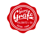 Rotes Logo von "Georg Gräfe" mit Text "Pulsnitz i. Sa, Gegr. 1908", in Wappenform.