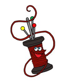 Filo rosso animato con occhi, bocca e aghi colorati infilati.