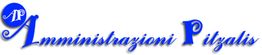 Logo con scritta blu "Amministrazioni Pitzalis" e monogramma "AP" stilizzato in cerchio.