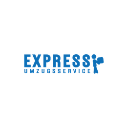 Logo mit Text "Express Umzugsservice", blaue Schrift, Figur mit Karton daneben.