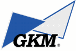 Logo mit Buchstaben "GKM" und blauen Dreiecken.