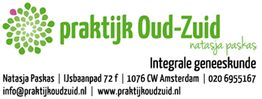 Praktijk Oud-Zuid logo met contactgegevens en integrale geneeskunde in Amsterdam.