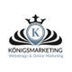 Logo von "Königsmarketing" mit Krone und Buchstabe K; Fokus auf Webdesign und Online-Marketing.