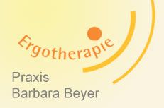 Schriftzug "Ergotherapie Praxis Barbara Beyer" mit orangefarbenen Linien und Punkt auf gelbem Hintergrund.