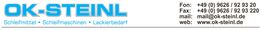 OK-STEINL Logo mit Kontaktinformationen. Schleifmittel, Schleifmaschinen, Lackierbedarf.