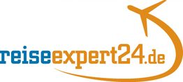 Logo mit der Aufschrift "reiseexpert24.de" und einem stilisierten Flugzeug als Teil des Designs.