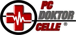 Rotes Kreuz mit Herzschlag, daneben der Text: "PC Doktor Celle" in Grau und Rot.