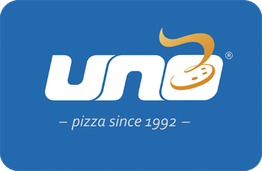 Logo „uno pizza since 1992“ auf blauem Hintergrund mit stilisiertem Pizza-Symbol.