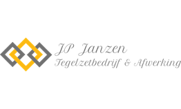 Logo met tekst "JP Janzen Tegelzetbedrijf & Afwerking" en twee verweven ruiten in geel en grijs.