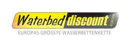 "Logo: 'Waterbed Discount Europe' mit Slogan 'Europas größte Wasserbettenkette' in Gelb und Grau."