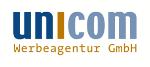 Logo: Unicom Werbeagentur GmbH in blau und orange Schrift.