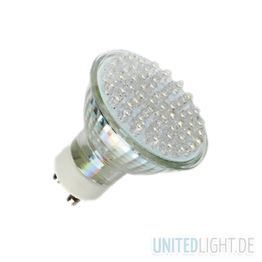 LED-Glühbirne mit Halogenfassung vor weißem Hintergrund.