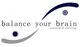 Logo "balance your brain" mit Schriftzug und geschwungenem Design in Grau und Blau.