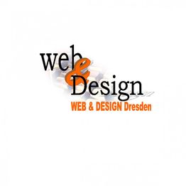 Text: "web & Design, WEB & DESIGN Dresden" in Schwarz und Orange, vor hellem Hintergrund.