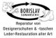 Alte Schuhe mit Pfeil, Text: "Borislav Sumanschii, Reparatur von Designersachen, Leder-Restauration".