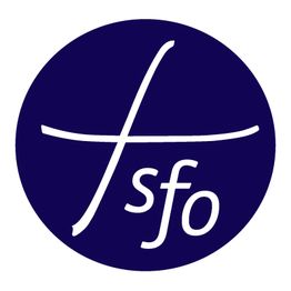 Weißes Kreuz und „sfo“ auf blauem Kreis Hintergrund.