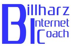 Logo mit blauem Text: "Billharz Internet Coach".