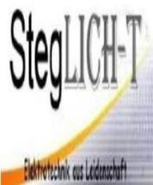 Logo mit Text "StegLICH-T: Elektrotechnik aus Leidenschaft" und farbigen Linien im Hintergrund.