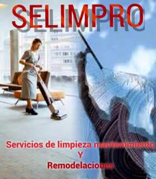Persona aspirando una sala y limpiando un vidrio. Texto: SELIMPRO, servicios de limpieza.