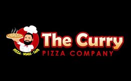 Logo with a chef holding pizza, text: "The Curry Pizza Company: Pizza, Wings, Taps."