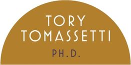 Tory Tomassetti Ph.D. logo on a mustard semi-circle background.