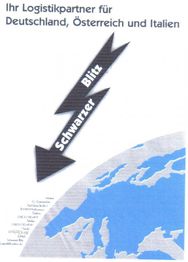 Pfeil über Karte Europas, Text: "Schwarzer Blitz". Logistikpartner für DACH-Region, Italien.