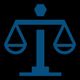 Ícono azul de una balanza de justicia sobre un fondo negro.
