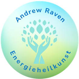 Logo mit Händen und Blättern, Text: "Andrew Raven Energieheilkunst".