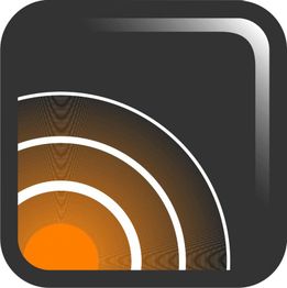 Abstraktes Logo mit orangefarbenen Kreisen auf schwarzem Hintergrund.