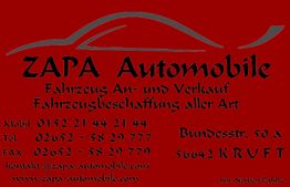 ZAPA Automobile: Fahrzeugan- und verkauf, Adresse, Kontaktinfos auf rotem Hintergrund.