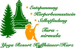 Silhouette einer Person, Baum und Turm mit Text: Entspannung, Körperbewusstsein, Selbstfindung.