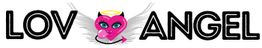 Logo con testo "LOVANGEL" e cuore rosa con ali, aureola e corna.
