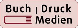 Logo mit Text "Buch Druck Medien" und einem stilisierten roten Buch auf beigem Hintergrund.