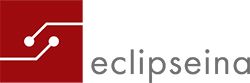 Rotes Logo mit Schaltkreismuster links, daneben der graue Schriftzug "eclipseina".