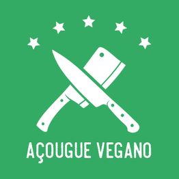 Logo verde "Açougue Vegano" com facas cruzadas e cinco estrelas.