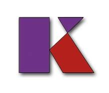 Letra "K" formada por formas geométricas: rectángulo morado, triángulo morado y trapezoide rojo.