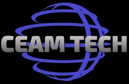 Logo mit blauem Globus und silbernem Text "CEAM TECH" auf schwarzem Hintergrund.