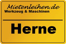 Gelbes Schild mit Aufschrift: "Mietenleihen.de - Werkzeug & Maschinen - Herne".